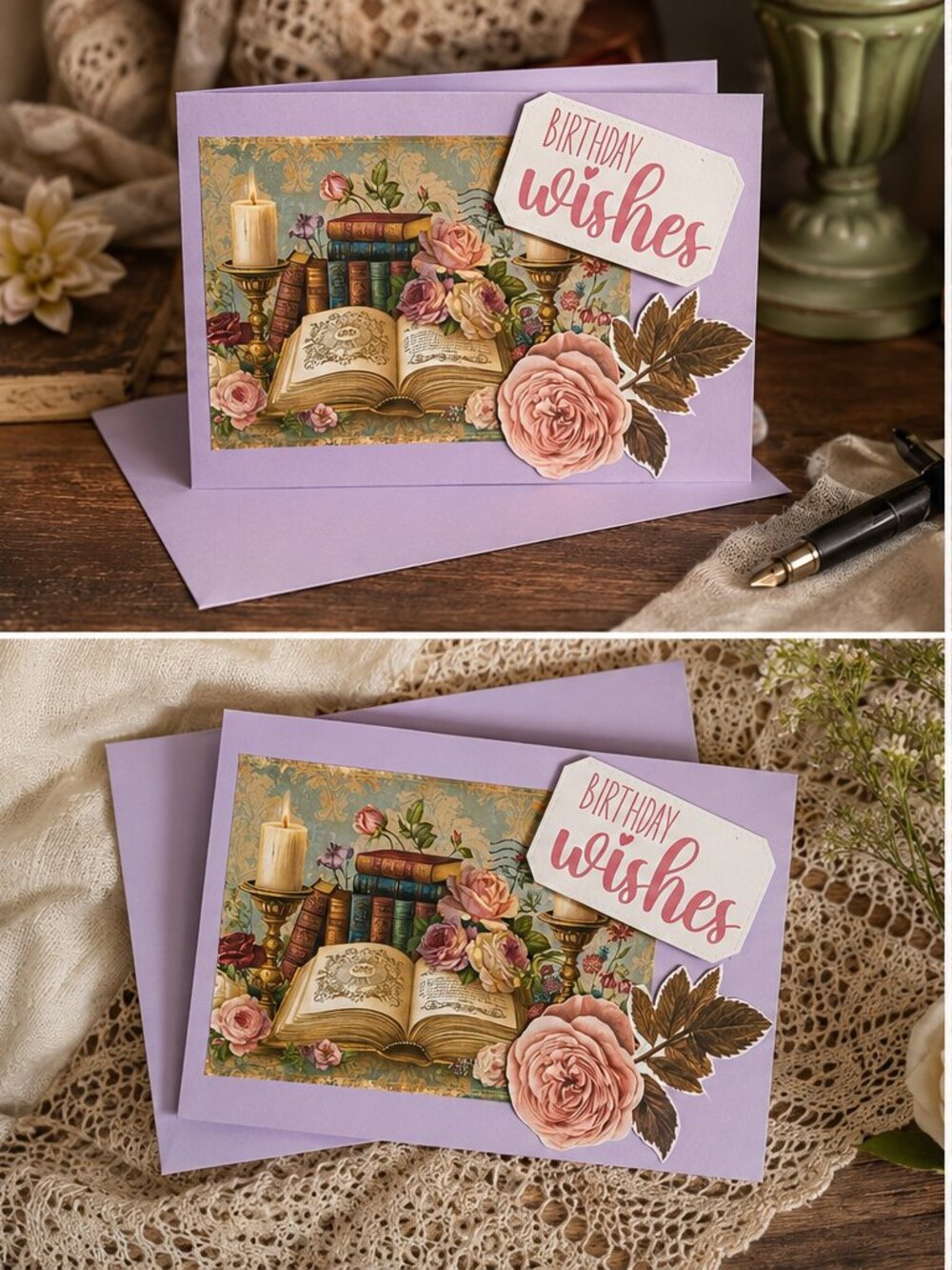 Handmade Birthday Wishes Rose & Vintage Books Greeting Card with Envelope